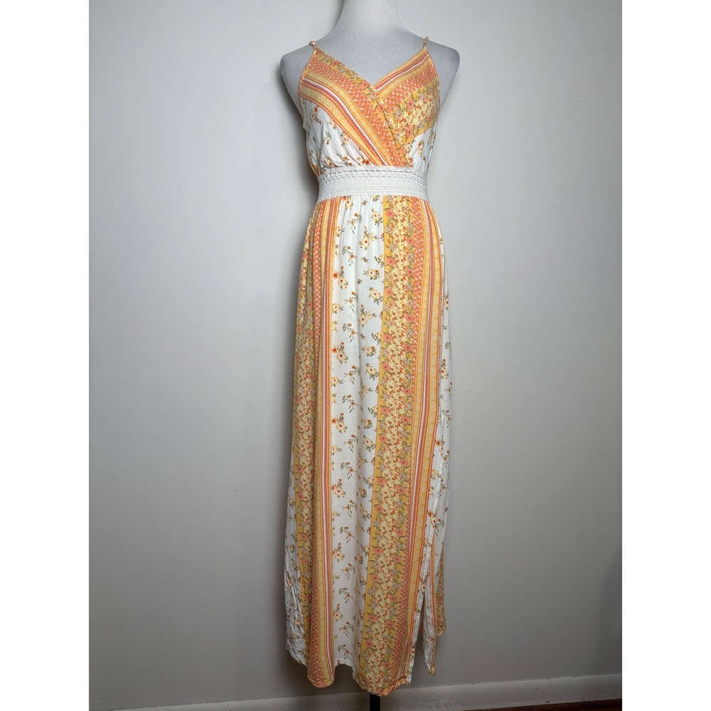 Justify Womens Maxi Sun Dress M Cottage Floral Crochet 70s Boho Prairie Festival